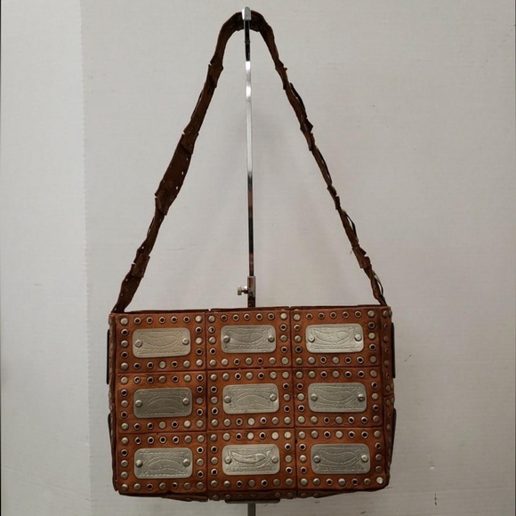 Vintage Studded Leather Crossbody Tote Bag w/Metal Tag Embellishments - Picture 2 of 6